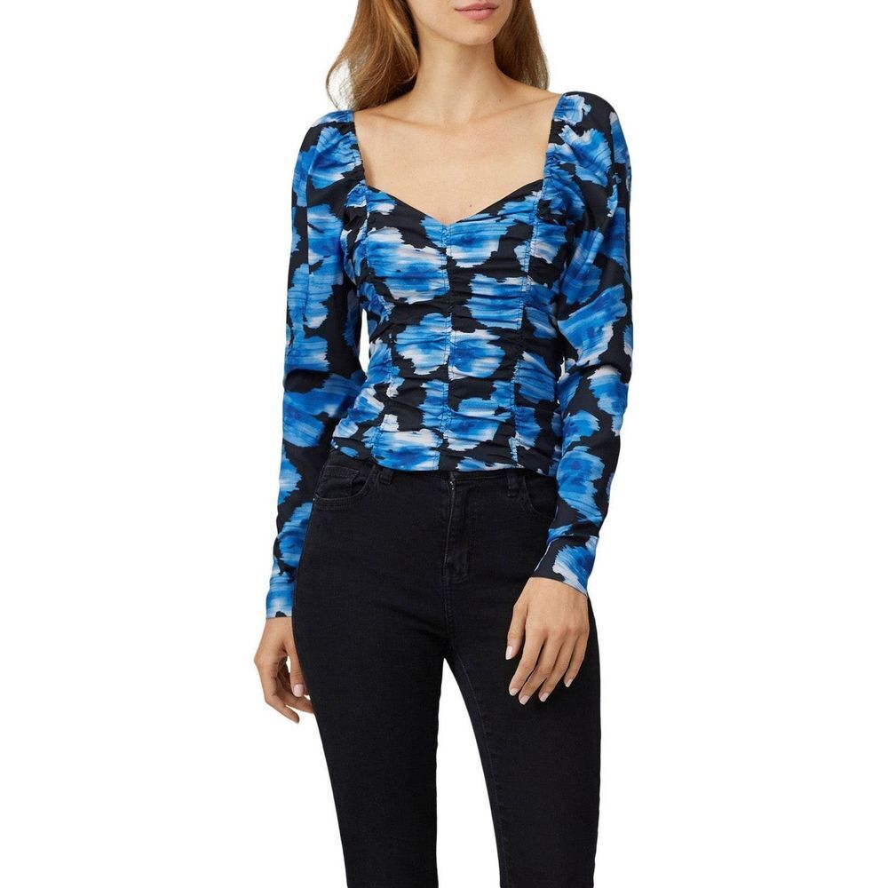 Parker Women's Blue & Black Ruched Floral Puffed Sleeves Crop Blouse Size L